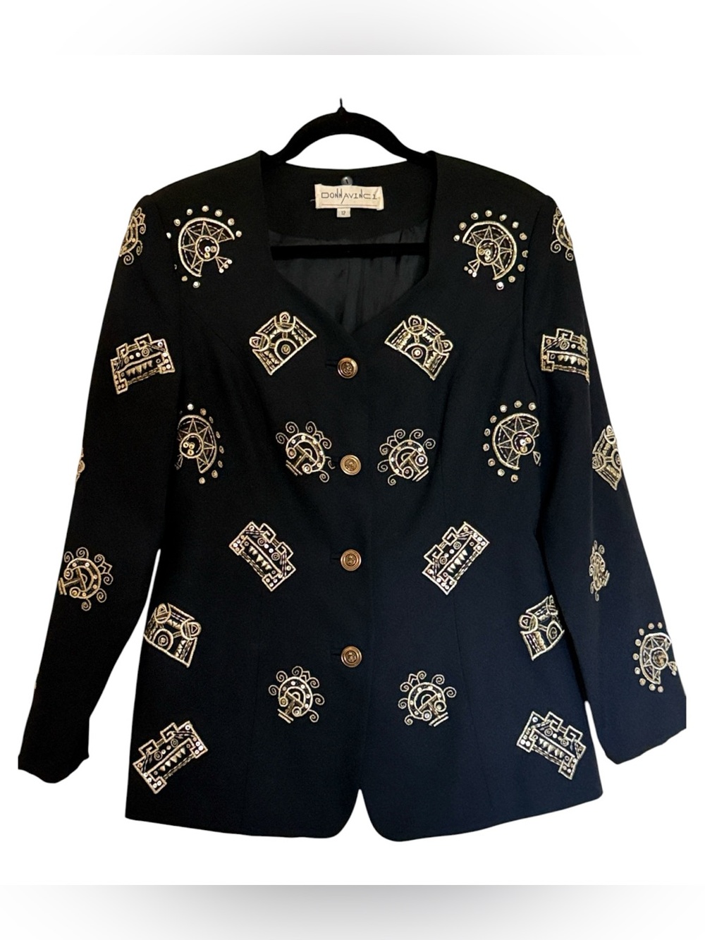 Donna Vinci Vintage Black Jacket with Gold Embroidery Accents, gold buttons, 12